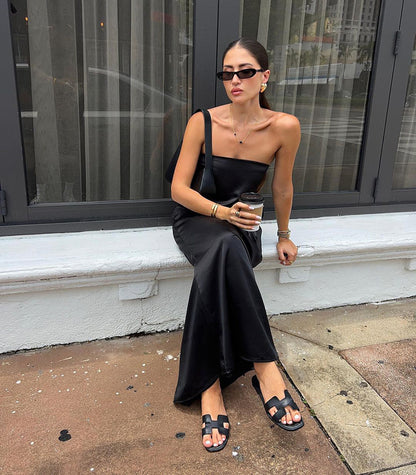 Black Satin Tube Top Dress | High Waist Loose Fit | noémi