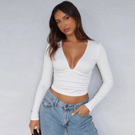 Women White Sunken Stripe VNeck Slim Top | Long Sleeve | noémi