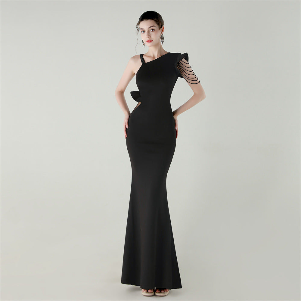 Satin One Shoulder Beaded Fishtail Gown | Cut Out Ruffled Hem Slim Fit | noémi