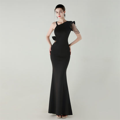 Satin One Shoulder Beaded Fishtail Gown | Cut Out Ruffled Hem Slim Fit | noémi