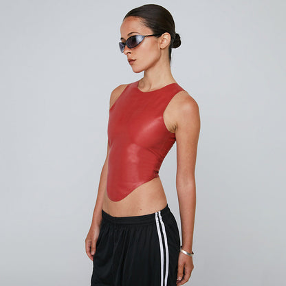 Womens Leather Sleeveless Top | Round Neck with Hem | noémi