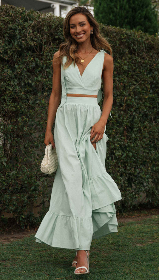 Womens V Neck Lace Up Crop Top & Slit Hem Maxi Skirt Set | noémi