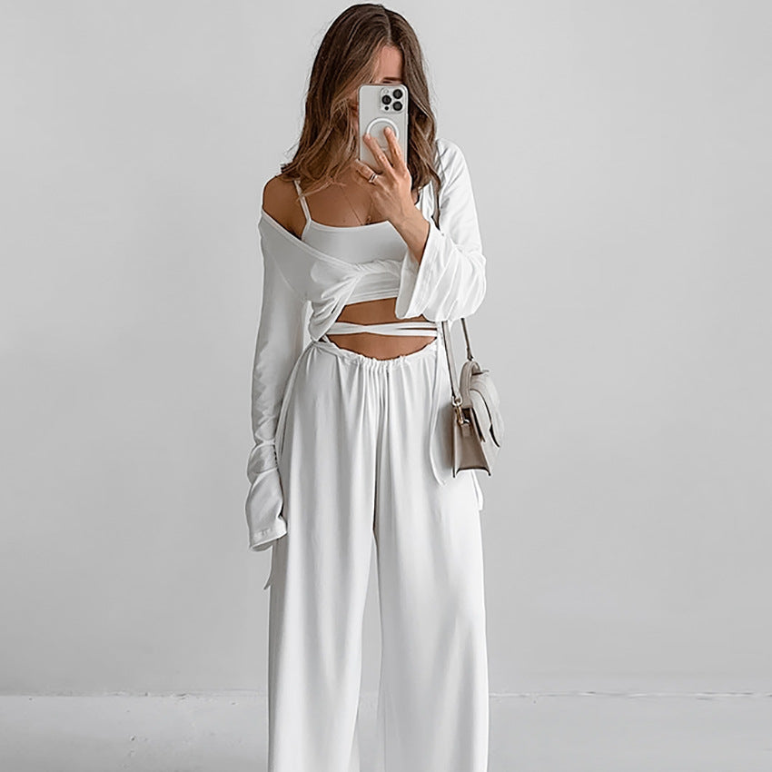 Three Piece Lounge Set for Women | Crop Top, Wrap Cardigan & Wide Leg Pants | noémi