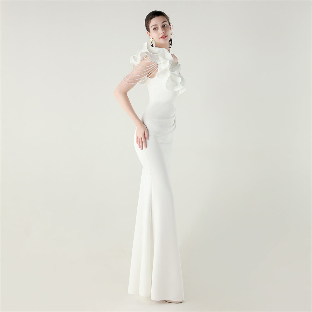 One Shoulder Ruffle Dress with High Slit | Craft Beaded Floral Satin Detail | noémi