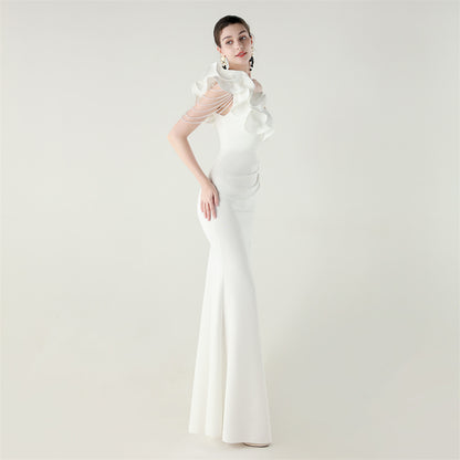 One Shoulder Ruffle Dress with High Slit | Craft Beaded Floral Satin Detail | noémi