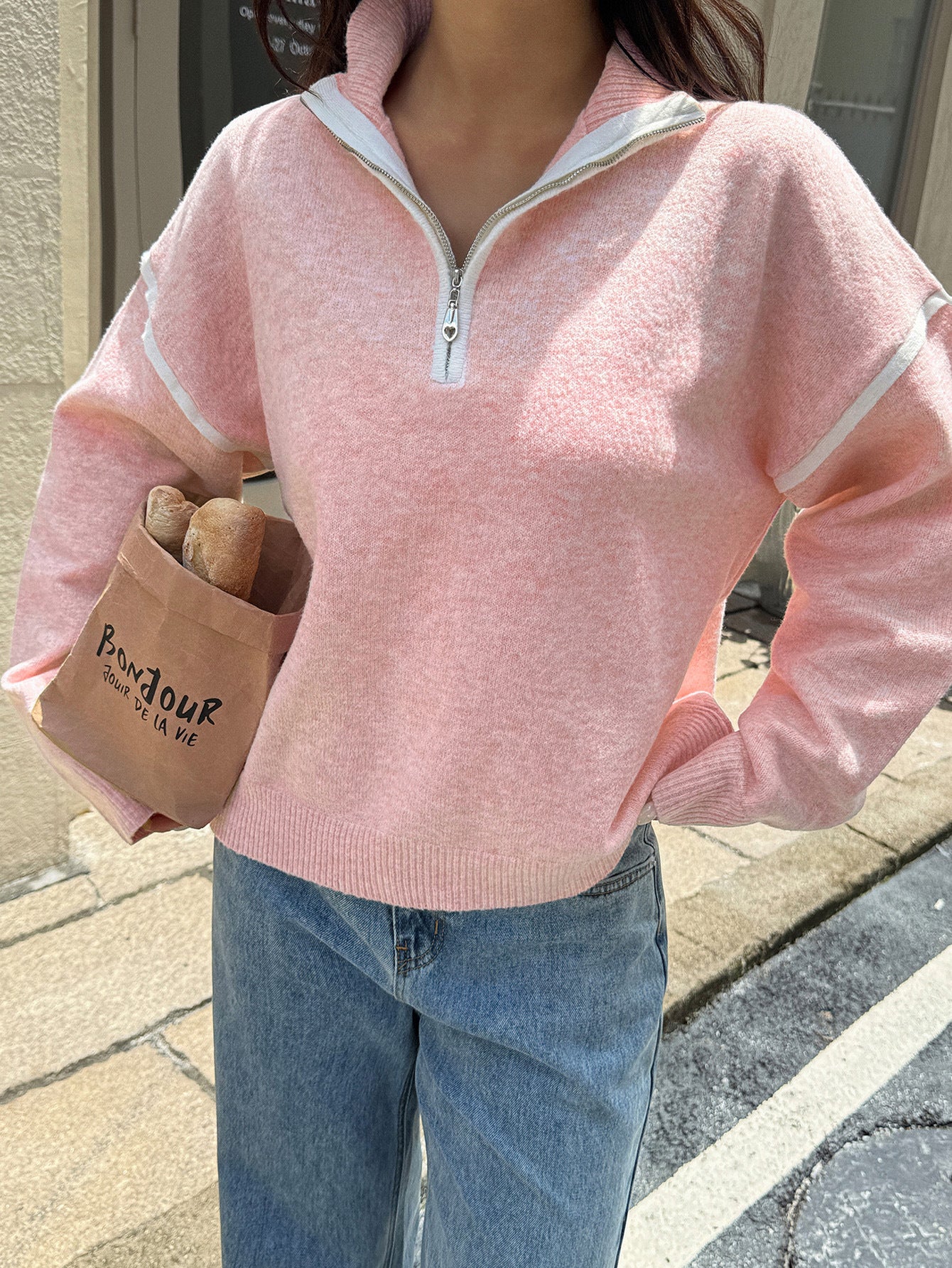 Zipper Sweater for Women | Casual Solid Color Long Sleeve Knit Pullover | noémi