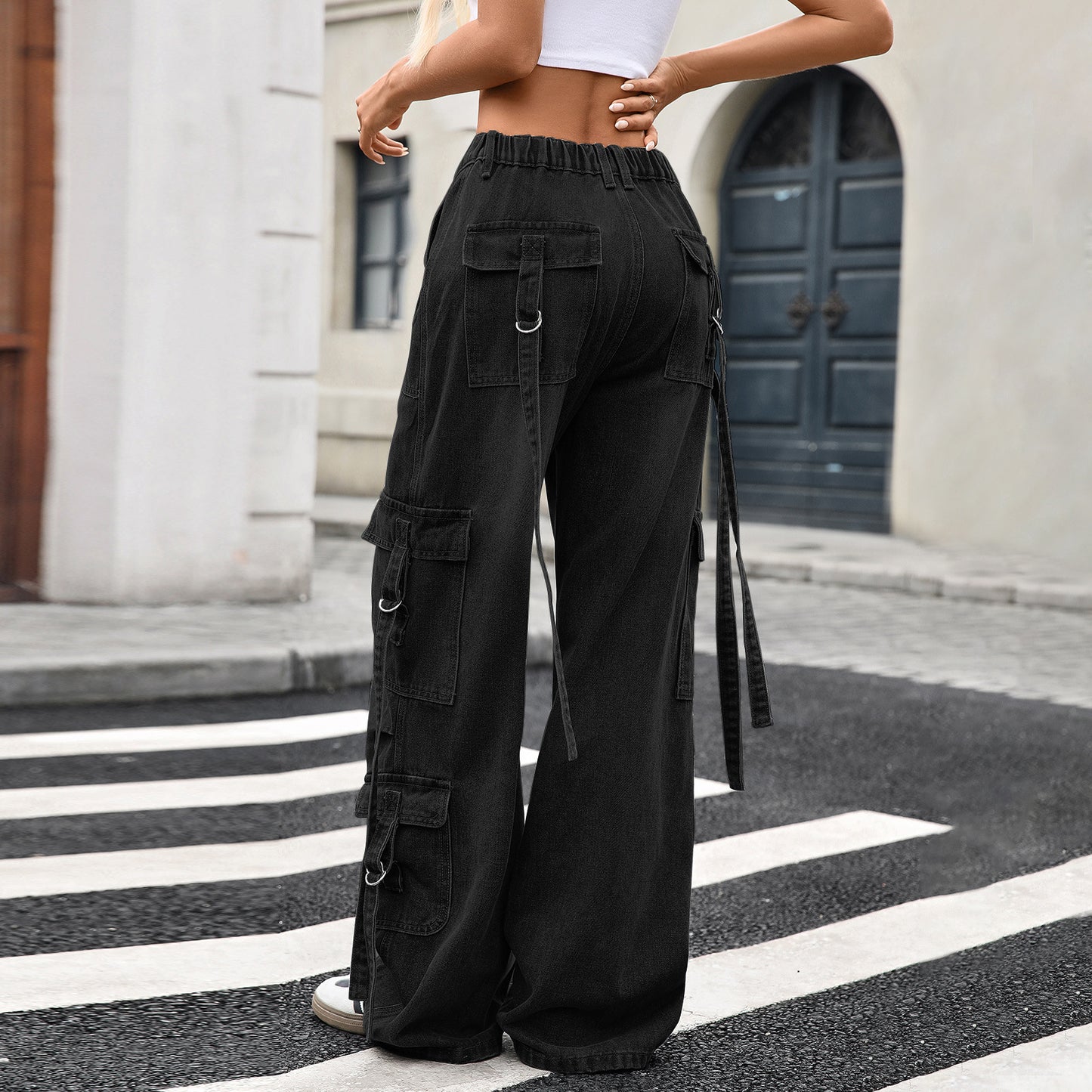 Wide Leg Denim Trousers | Washed Multi Pocket Lace Up Detail | noémi