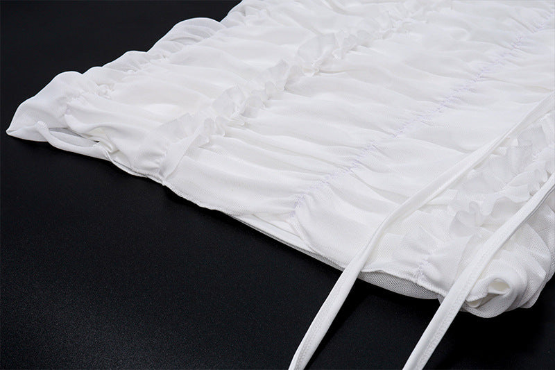 White Ruched Strapless Two Piece Set | Mesh Crop Top & Mini Skirt | noémi