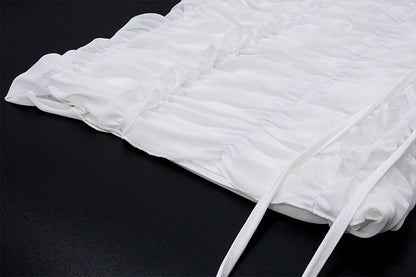 White Ruched Strapless Two Piece Set | Mesh Crop Top & Mini Skirt | noémi