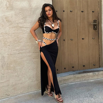 Two Piece Skirt Set | Ruffle Trim Camisole High Slit Maxi Skirt | noémi