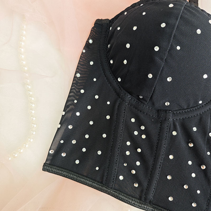 Black Studded Mesh Corset Top | Bustier Crop Top with Rhinestone Detail & Adjustable Straps | noémi