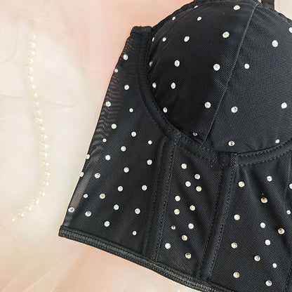 Black Studded Mesh Corset Top | Bustier Crop Top with Rhinestone Detail & Adjustable Straps | noémi