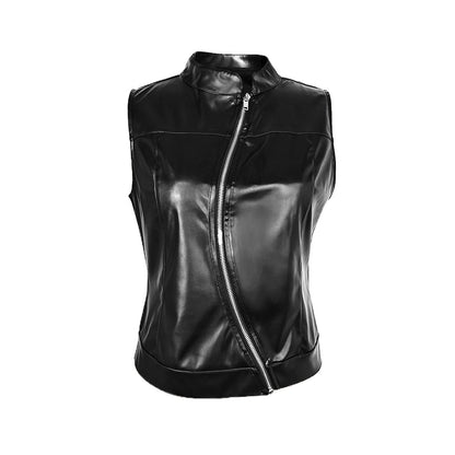 Sleek Stand Collar Faux Leather Vest | Sleeveless Slim Fit with Waist Defining Zipper Detail | noémi