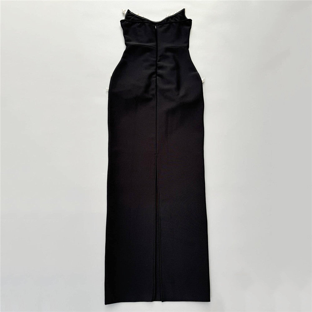 Retro Pearl Tube Top Dress | Black Bandage Gown | noémi