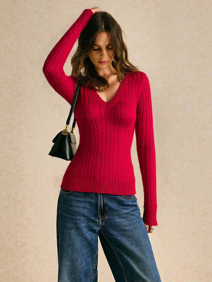 Macaron Thick Cable Knit V Neck Sweater | Slim Fit Top | noémi