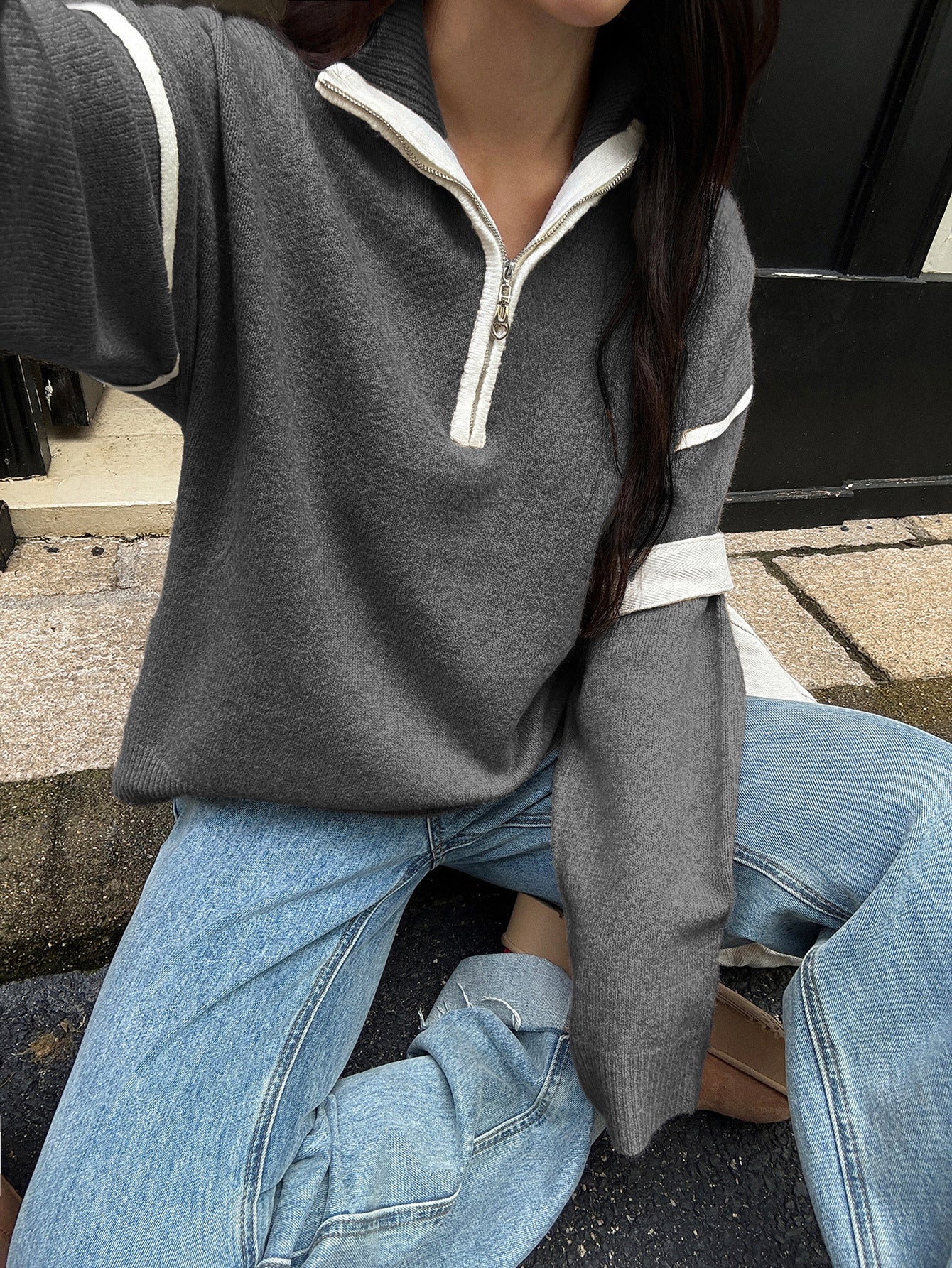 Zipper Sweater for Women | Casual Solid Color Long Sleeve Knit Pullover | noémi