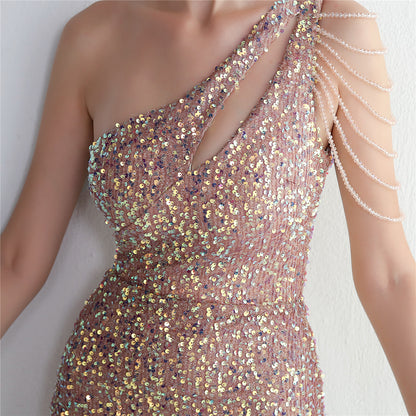 Sequin Fishtail Gown with Beaded Shoulder | One Shoulder Dress | noémi