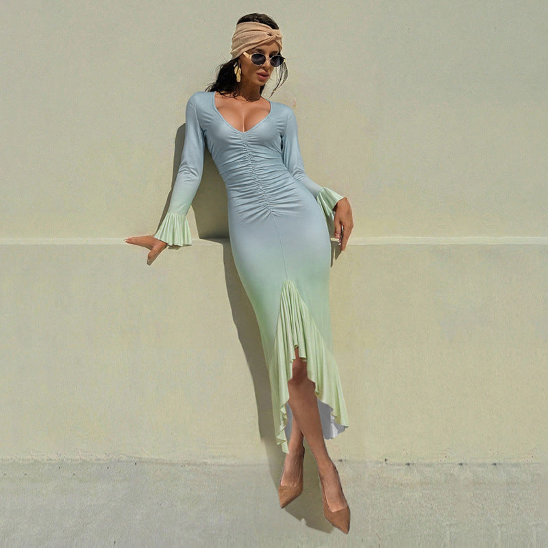 Ombré Ruched Mermaid Maxi Dress | Sky Blue to Mint Gradient with Fluted Sleeves | noémi