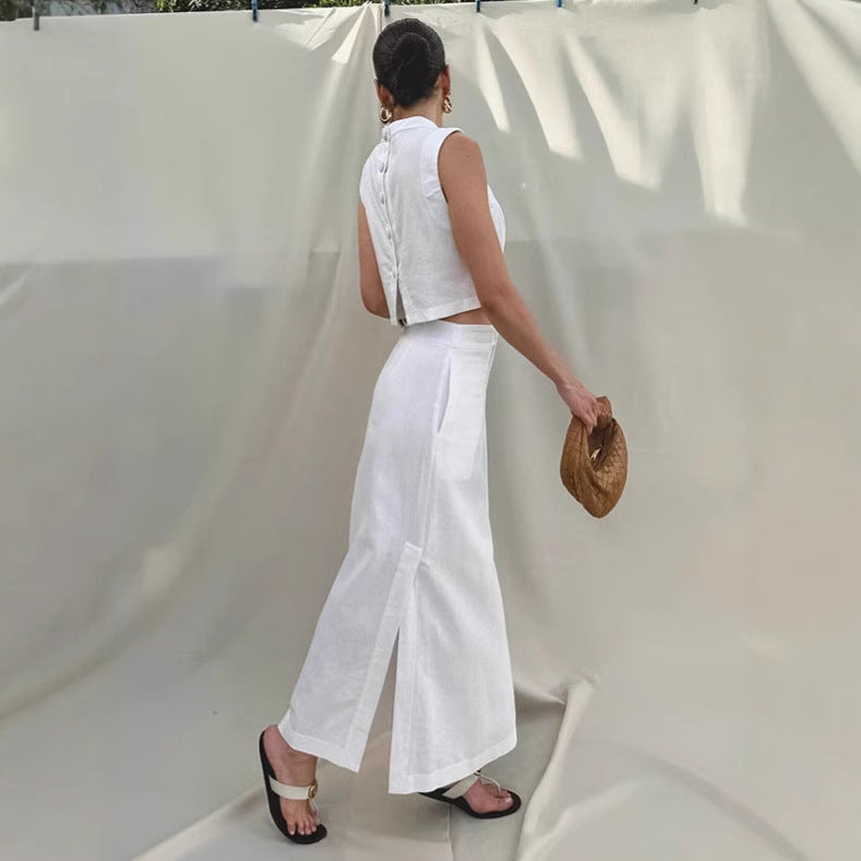 White Cotton Linen TwoPiece Set | Sleeveless Stand Collar Top & Long Slit Skirt | noémi
