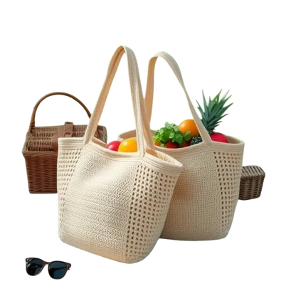 Cotton-Woven Shoulder Tote Bag – Hollow-Out Large-Capacity Beach Carryall, Cream | noémi