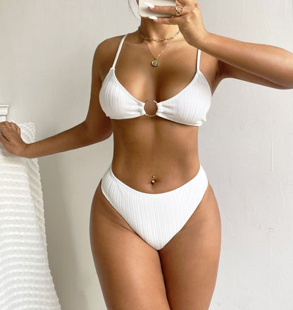 Womens High Waisted Bikini Set | Solid Color with Striped Detail | noémi