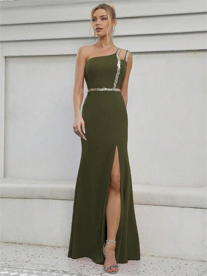 One Shoulder Slit Evening Dress | Metallic Waist Detail | noémi