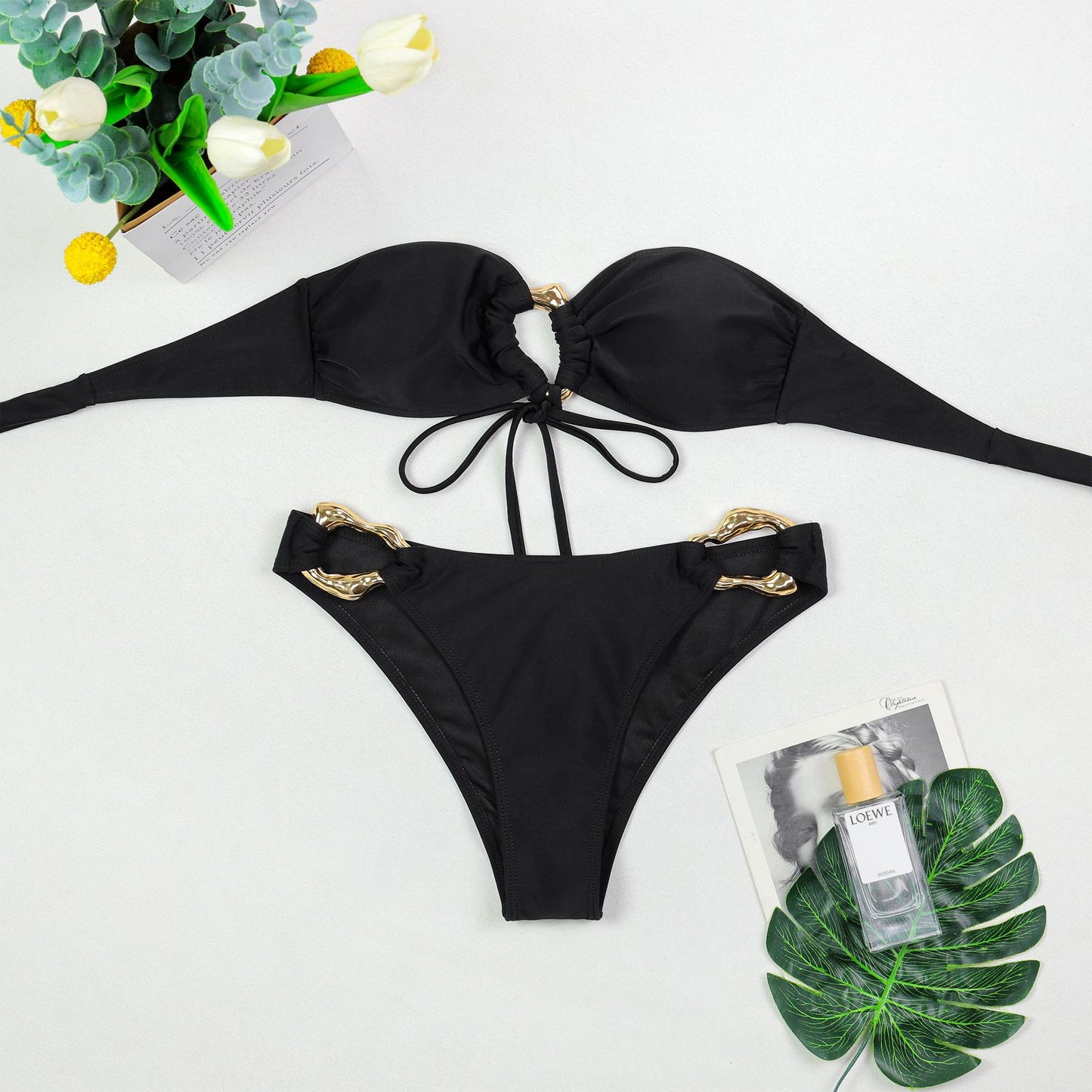 Tube Top Metal Buckle Bikini with Lace Maxi Dress Three Piece Set for Women | noémi