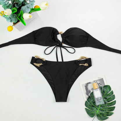 Tube Top Metal Buckle Bikini with Lace Maxi Dress Three Piece Set for Women | noémi