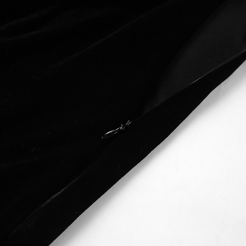 Black Square Neck Puff Sleeve Velvet Knit Dress | noémi