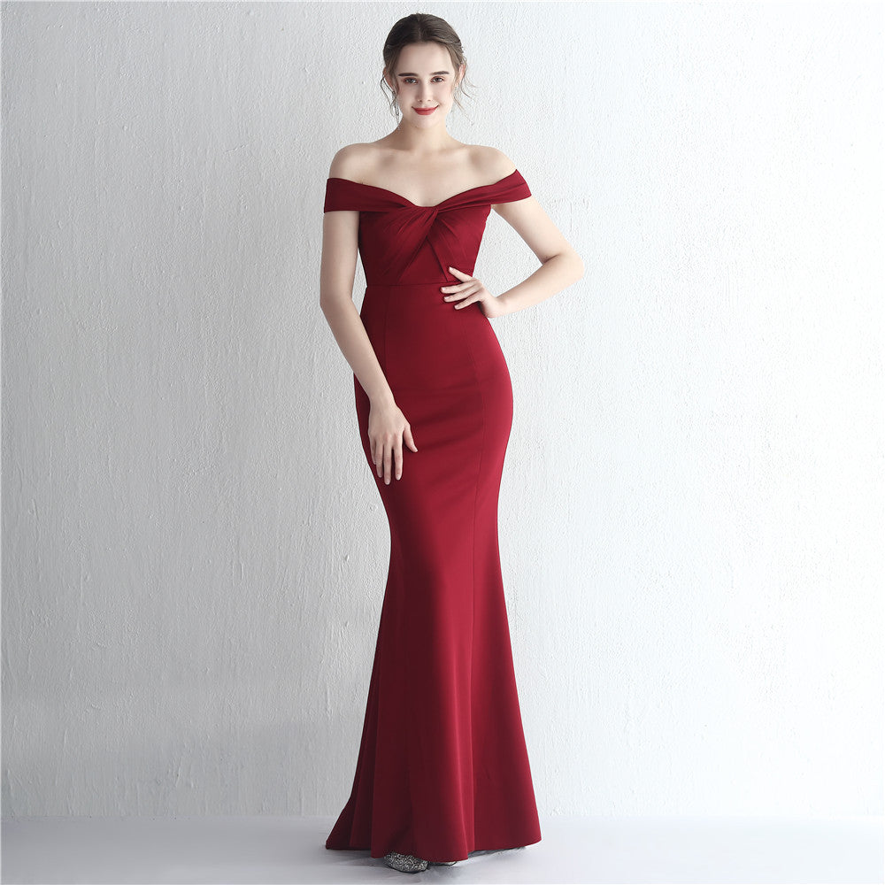 Satin Slim Off Shoulder Fishtail Gown | noémi