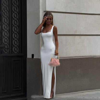 Lace Stitch Square Collar Dress with Side Slit and Sleeveless Fit | noémi