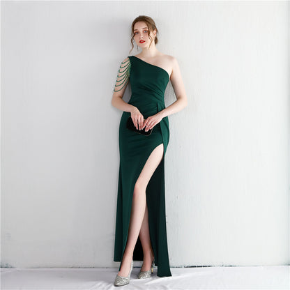 Satin Beaded One Shoulder Fishtail Gown | Slim Fit Slit Maxi Dress | noémi
