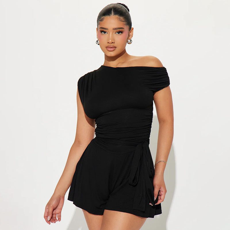 Womens Summer Off Shoulder Romper with Bow Waist Tie | noémi