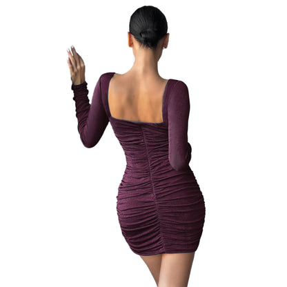 Womens Square Neck Pleated Sheath Bodycon Dress | noémi