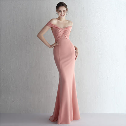 Satin Slim Off Shoulder Fishtail Gown | noémi