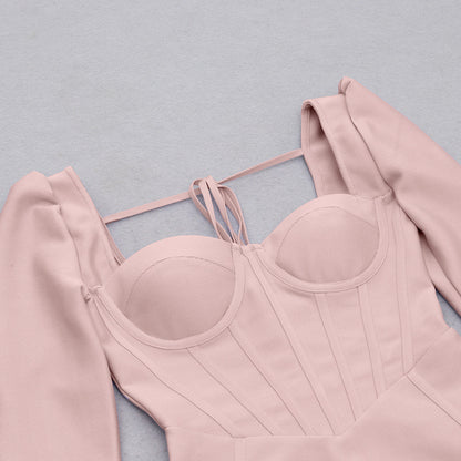 Square Neck Long Sleeve Bandage Dress | Slim Fit One Piece with Hip Length Hem | noémi