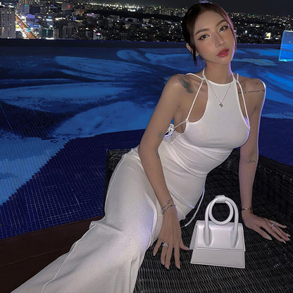 Womens Halter Backless Slim Fit Dress | Solid Color with Open Back and Hip Hugging Design | noémi