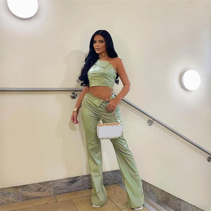 Womens Faux Leather Two Piece Set | Collar Crop Vest High Waist Straight Leg | noémi