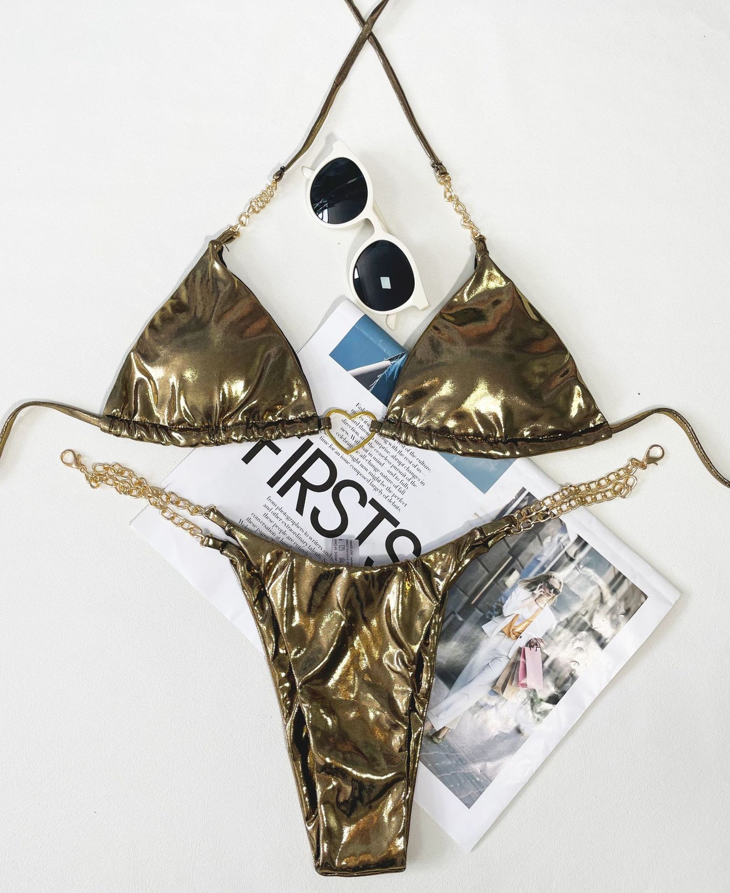 Womens Metallic Bikini Set | Bronzed Coated Fabric Criss Cross Strap Detail | noémi