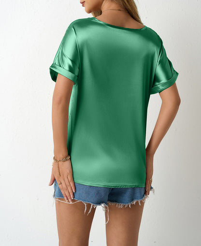 Women Satin T shirt Spring Summer Loose Pockets Short Sleeved Top | noémi