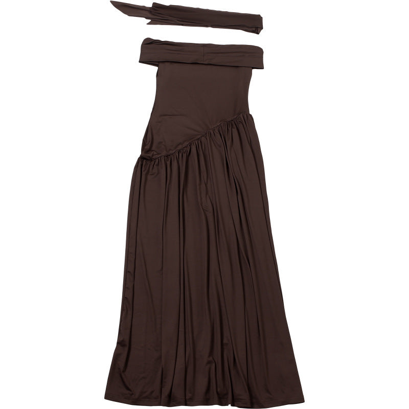 WomensSlim Fit Off Shoulder Dress with Scarf Collar and Backless Split | noémi