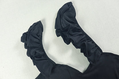 Black One Shoulder Ruffle Halter Gown | High Slit Dress | noémi