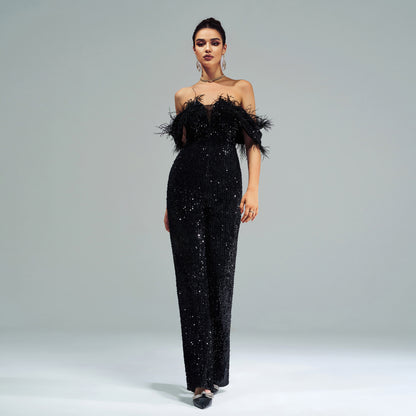 Women’s Black Sequin Off Shoulder Feather Jumpsuit | noémi