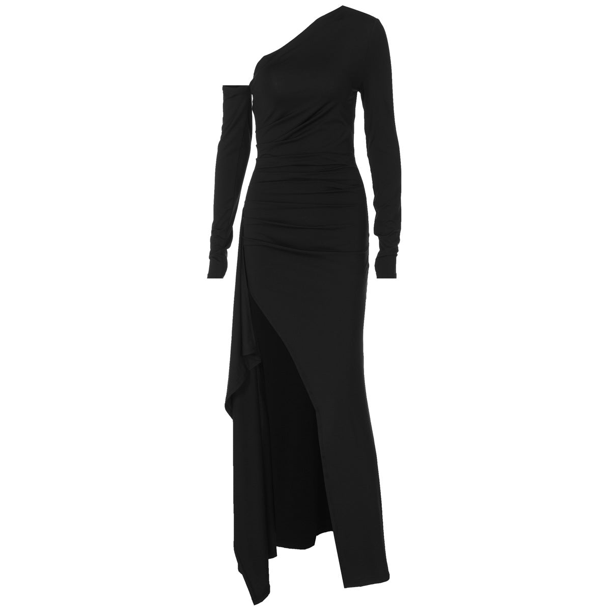 One Shoulder Black Maxi Dress with High Slit | noémi