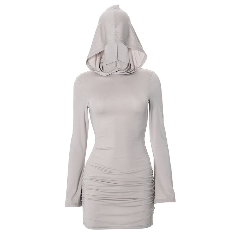 Women Long Sleeve Hooded Pleated Dress with High Waist and Hip Detail | noémi