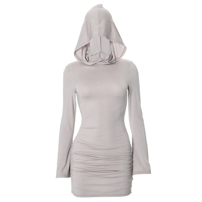 Women Long Sleeve Hooded Pleated Dress with High Waist and Hip Detail | noémi
