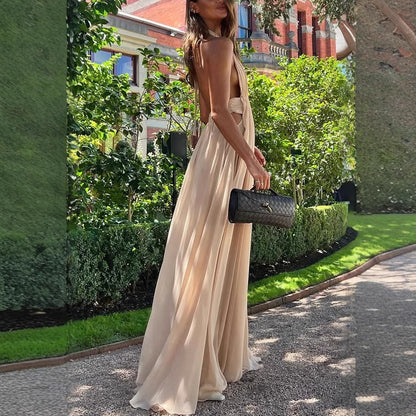 Summer Deep V Neck, Pleated Halter, Backless | Long Formal Gown | noémi