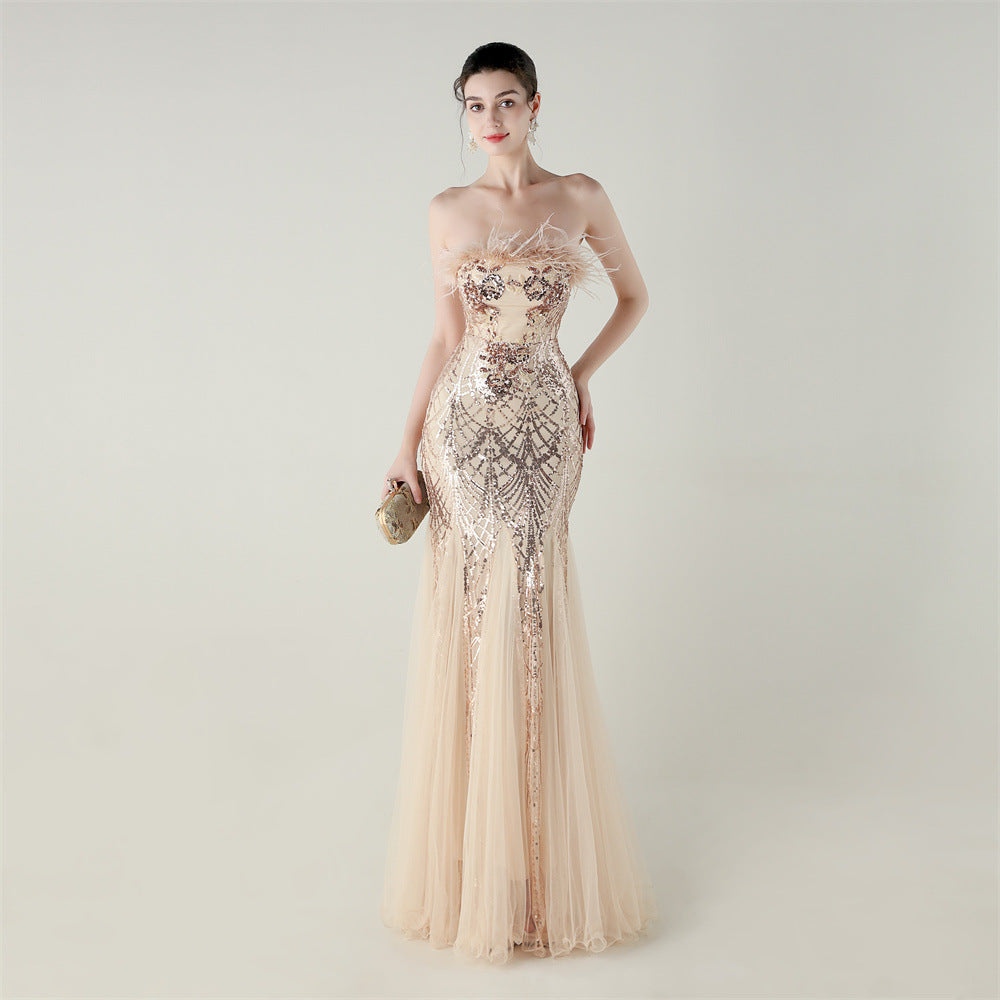 Sequin Beaded Floral Feather Gown | Mesh Fishtail Strapless Cross Back | noémi
