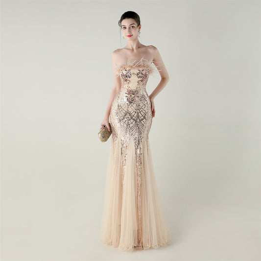 Sequin Beaded Floral Feather Gown | Mesh Fishtail Strapless Cross Back | noémi
