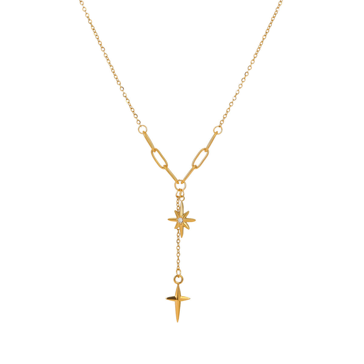 Gold Star & Cross Layered Necklace | Minimalist Clavicle Chain with Diamond Accent & Tassel Detail | noémi